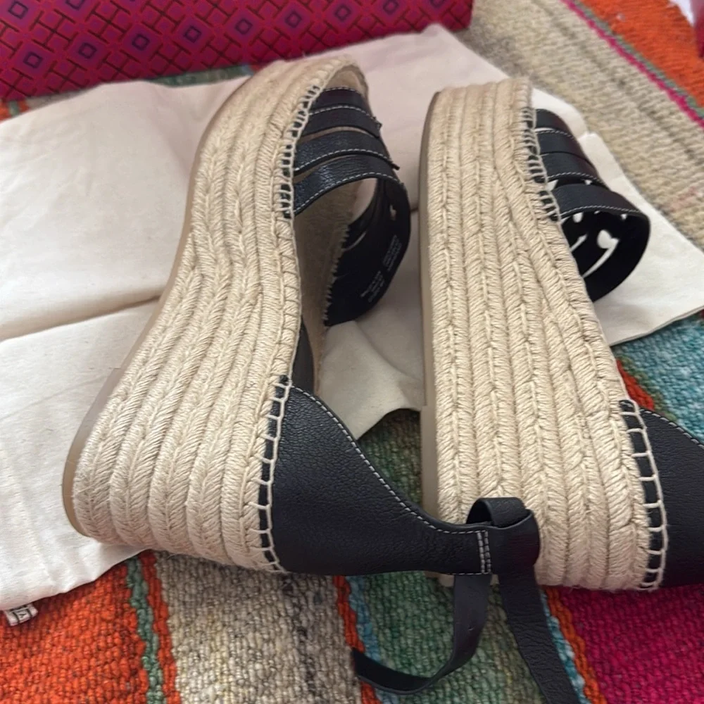 Tory Burch Black and Tan Ines Wedge Espadrille Sandals